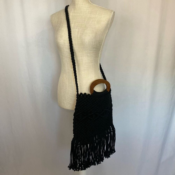 Anthropologie Danielle Nicole Black Boho Retro Macrame Bag Crossbody Tote - Picture 6 of 7